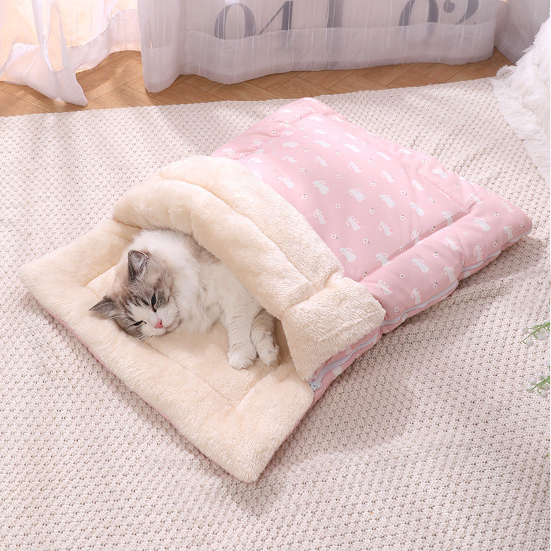 HKM-334227 Multi-Season Pet Sleeping Bag with Detachable Mat and Foldable Design for Cats and Dogs