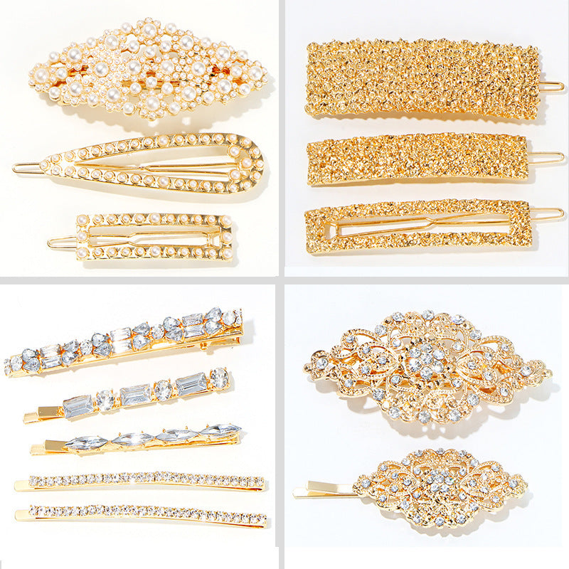 HKM-125843 Geometric Diamond Hairpin with Pearl Accents - Retro Alloy Side Clip for Women