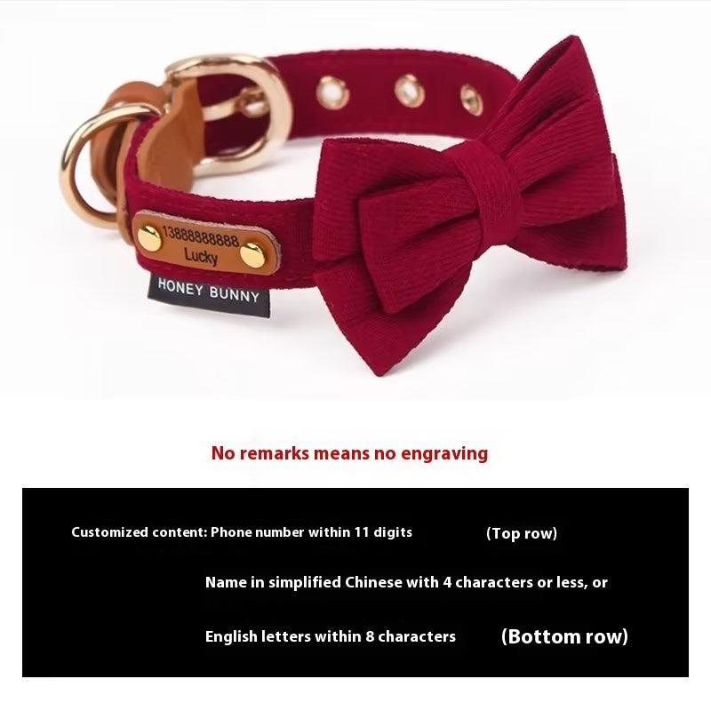 HKM-407379 Dog Leather Bowknot Collar with Handheld Rope - Twill Brushed Flannel & Two-Layer Cowhide, Available in Multiple Colors