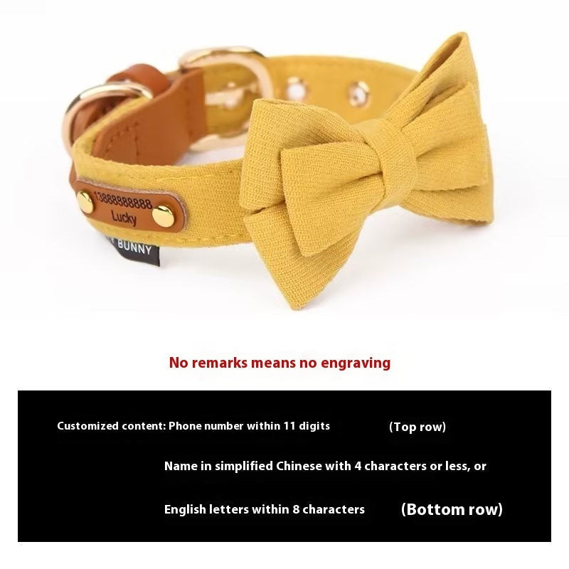 HKM-407379 Dog Leather Bowknot Collar with Handheld Rope - Twill Brushed Flannel & Two-Layer Cowhide, Available in Multiple Colors