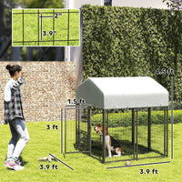 HKM-432851 Welded Wire Outdoor Dog Kennel with Adjustable Bowl Racks and Waterproof Cover, 47.2" X 47.2" X 54.3"
