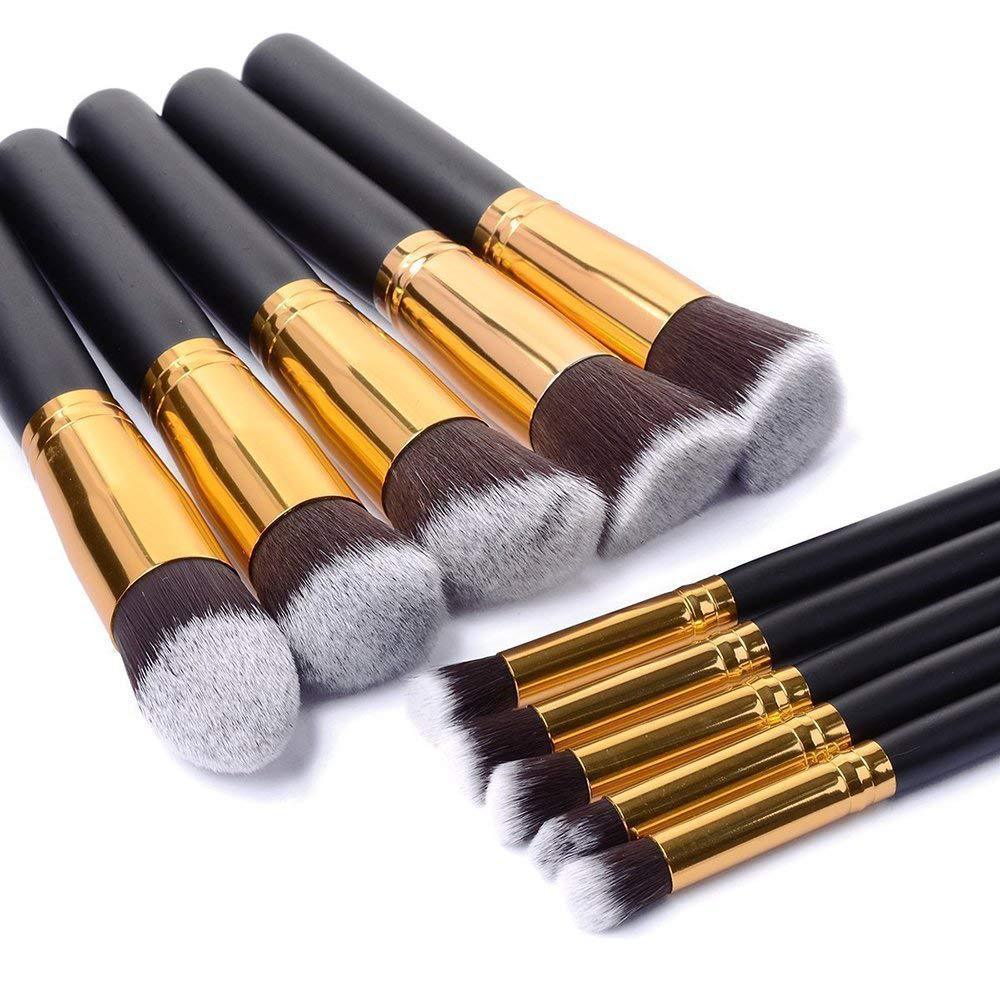 HKM-513107 Portable Makeup Brush Set with Wooden Handles - 10-Piece Collection in Gold and Silver Variants