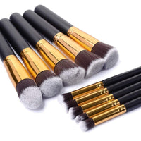 HKM-513107 Portable Makeup Brush Set with Wooden Handles - 10-Piece Collection in Gold and Silver Variants