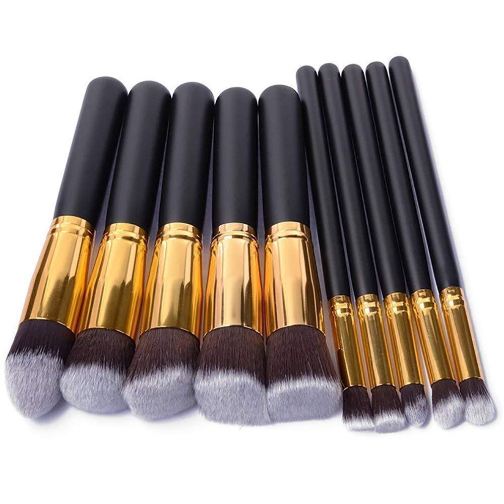 HKM-513107 Portable Makeup Brush Set with Wooden Handles - 10-Piece Collection in Gold and Silver Variants
