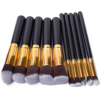 HKM-513107 Portable Makeup Brush Set with Wooden Handles - 10-Piece Collection in Gold and Silver Variants