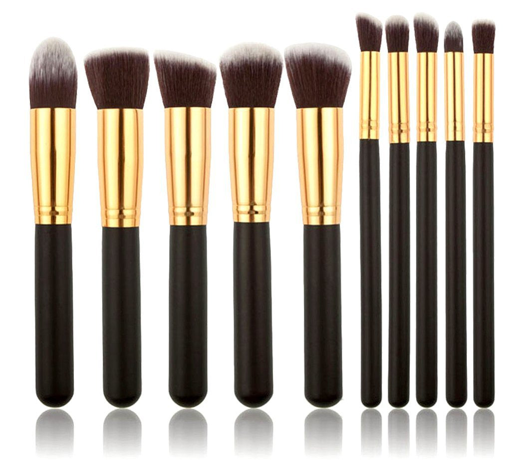 HKM-513107 Portable Makeup Brush Set with Wooden Handles - 10-Piece Collection in Gold and Silver Variants