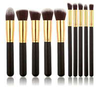 HKM-513107 Portable Makeup Brush Set with Wooden Handles - 10-Piece Collection in Gold and Silver Variants