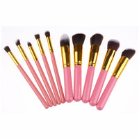 HKM-513107 Portable Makeup Brush Set with Wooden Handles - 10-Piece Collection in Gold and Silver Variants