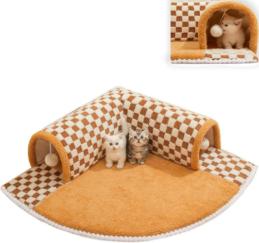 HKM-956179 Plush Plaid Cat Tunnel Bed with Central Mat for Indoor Play and Napping