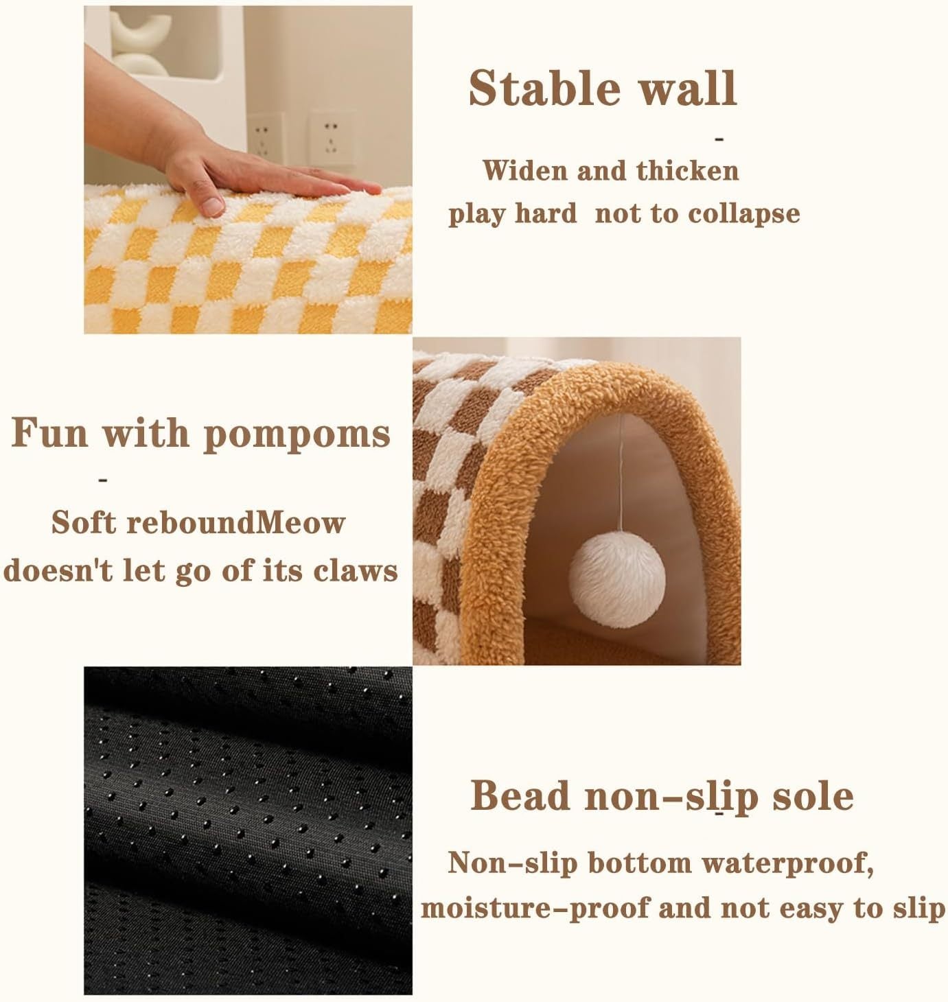 HKM-956179 Plush Plaid Cat Tunnel Bed with Central Mat for Indoor Play and Napping