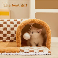 HKM-956179 Plush Plaid Cat Tunnel Bed with Central Mat for Indoor Play and Napping