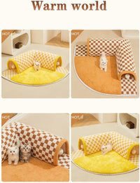 HKM-956179 Plush Plaid Cat Tunnel Bed with Central Mat for Indoor Play and Napping