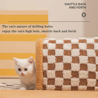 HKM-956179 Plush Plaid Cat Tunnel Bed with Central Mat for Indoor Play and Napping