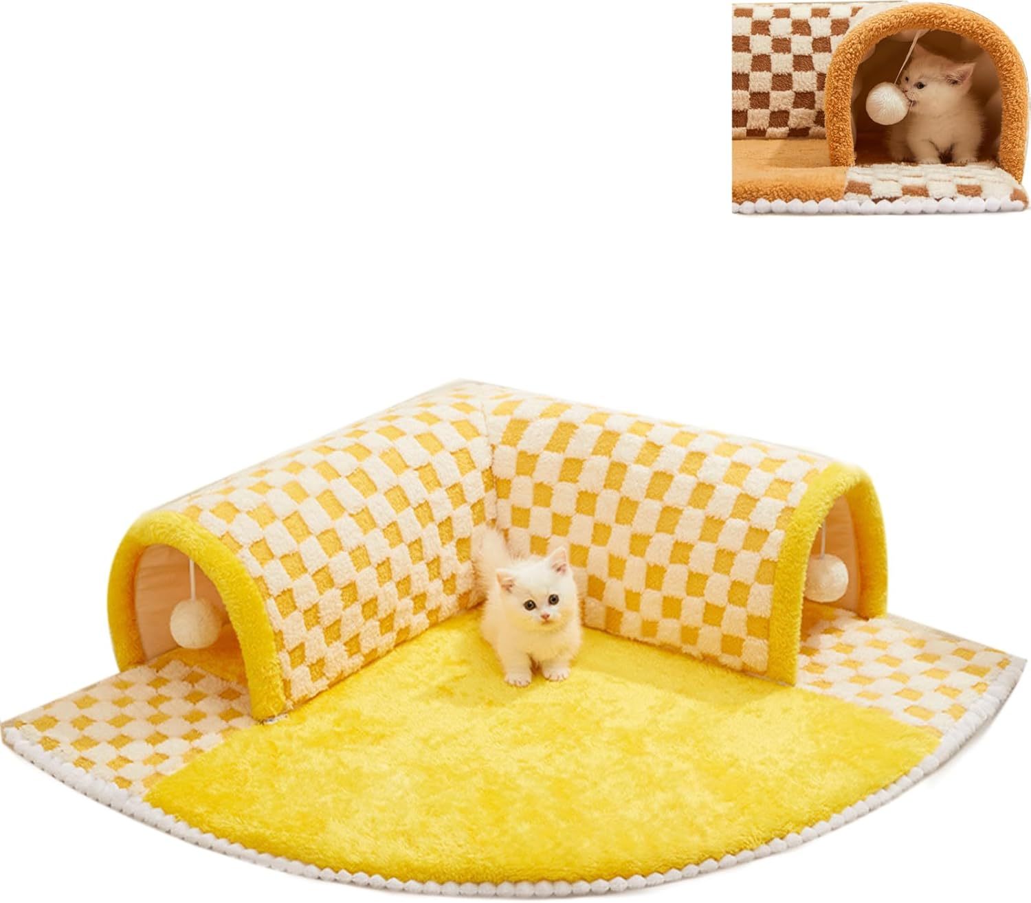 HKM-956179 Plush Plaid Cat Tunnel Bed with Central Mat for Indoor Play and Napping