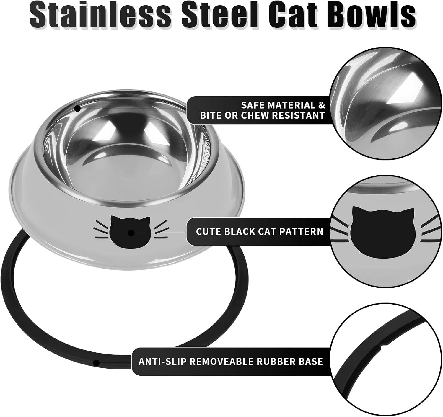 HKM-955027 Non-Slip Stainless Steel Cat Food Bowls with Removable Rubber Base for Small Cats