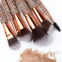 HKM-837331 Ten-Piece Diamond-Encrusted Makeup Brush Set - Nylon Bristles with Wooden Handles