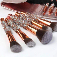 HKM-837331 Ten-Piece Diamond-Encrusted Makeup Brush Set - Nylon Bristles with Wooden Handles