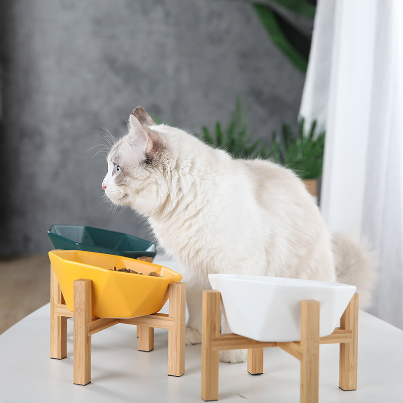 HKM-389715 Ceramic High-Foot Cat Food and Water Bowl with Bamboo Wood Base - 250g Capacity for Food and 250ml for Water