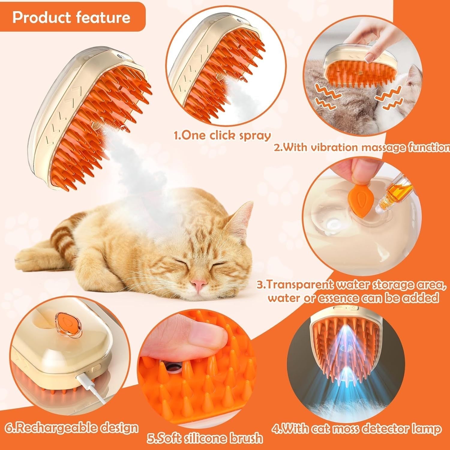HKM-948819 4-in-1 Steam Cat Brush with Vibration Massage and Ringworm Detector for Effective Grooming and Hair Removal