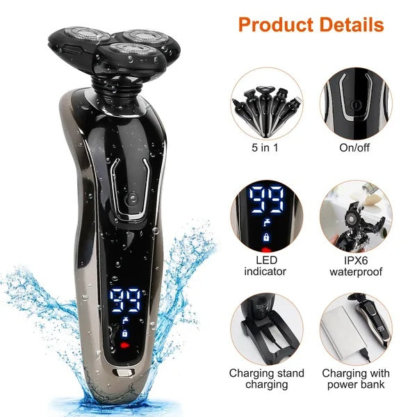 HKM-596435 5-in-1 Rechargeable Cordless Grooming Kit with Waterproof Shaver, Trimmer, and Facial Brush Set
