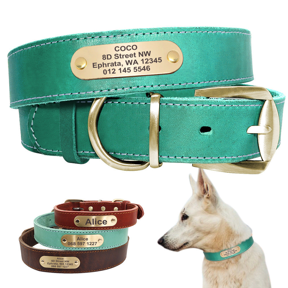 HKM-325715 Personalized Leather Dog Collar with Engraved Golden Nameplate for Medium to Large Breeds
