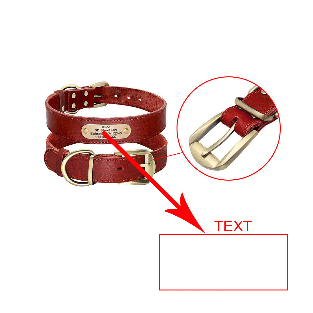 HKM-325715 Personalized Leather Dog Collar with Engraved Golden Nameplate for Medium to Large Breeds