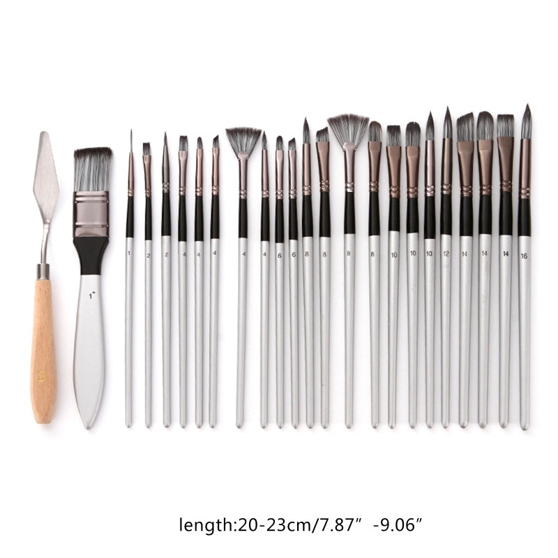 HKM-239443 24-Piece Nylon Hair Brush Set for Acrylic, Gouache, and Watercolor Painting with Scraper