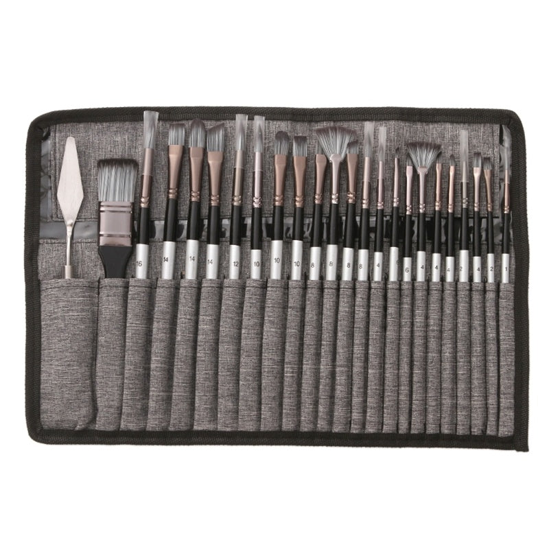 HKM-239443 24-Piece Nylon Hair Brush Set for Acrylic, Gouache, and Watercolor Painting with Scraper