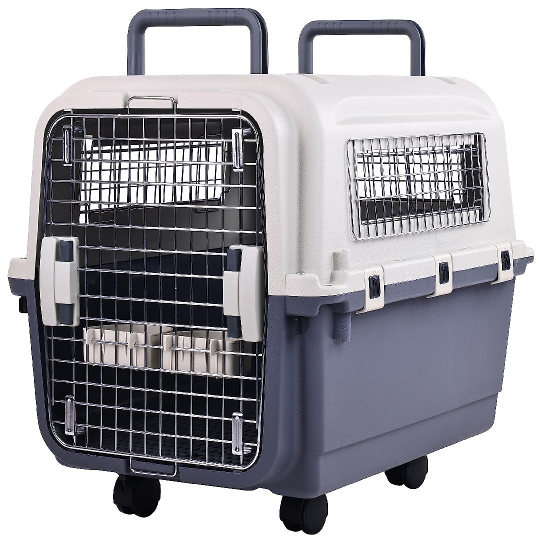HKM-350355 Durable Plastic Dog Kennel with Rolling Wheels, Airline Approved, Multiple Sizes Available