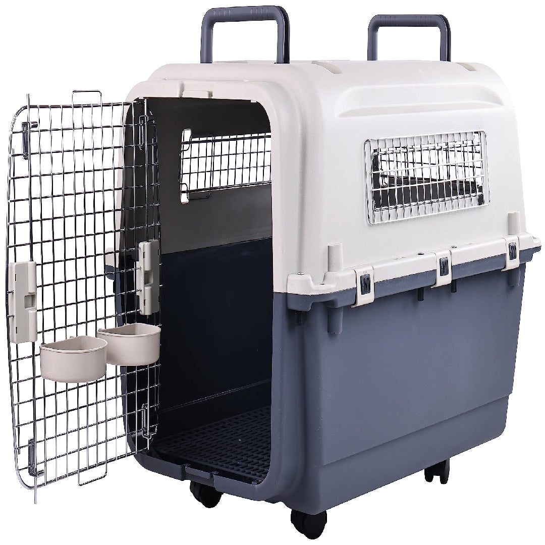 HKM-350355 Durable Plastic Dog Kennel with Rolling Wheels, Airline Approved, Multiple Sizes Available
