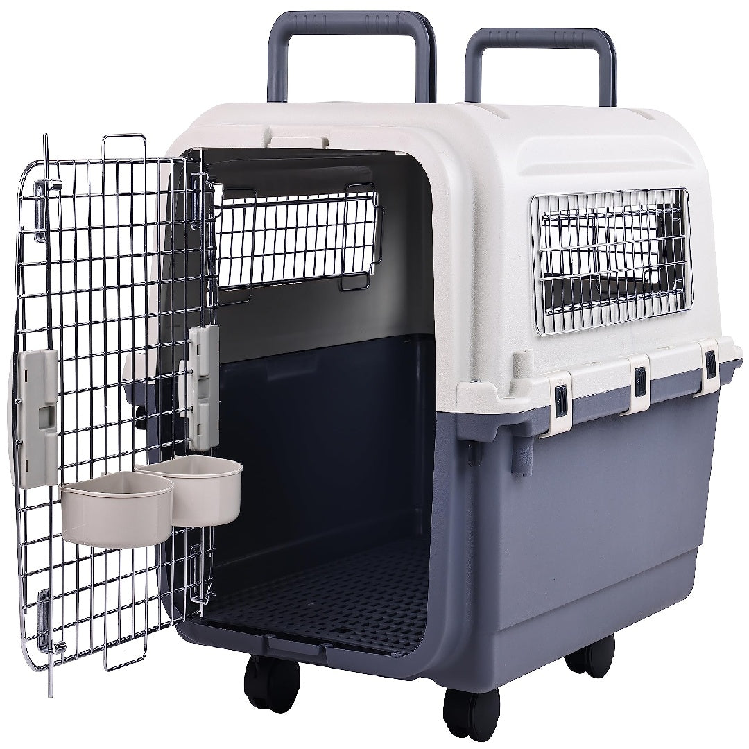 HKM-350355 Durable Plastic Dog Kennel with Rolling Wheels, Airline Approved, Multiple Sizes Available