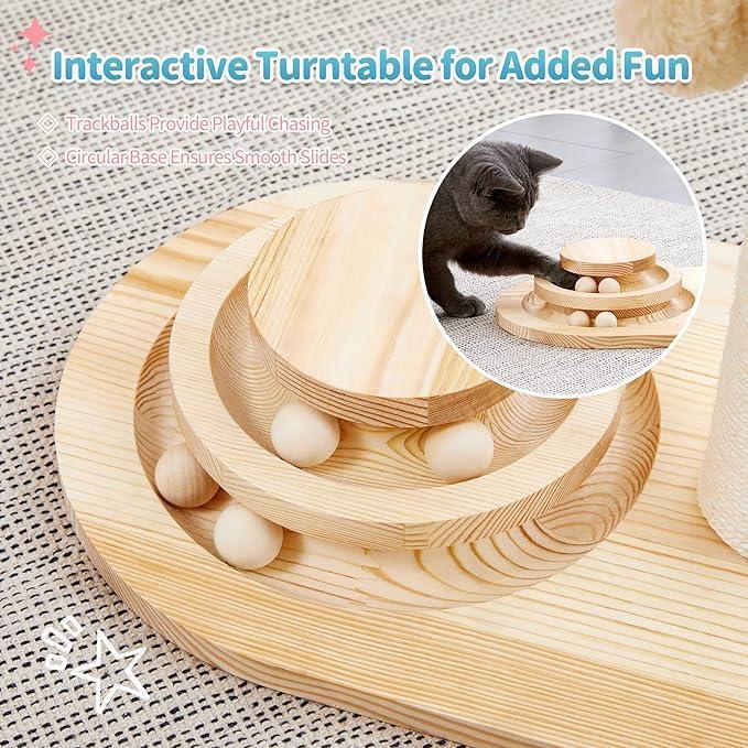 HKM-971795 Interactive Wooden Cat Scratching Post with Sisal Rope and Track Ball, 20" Scratch Pad
