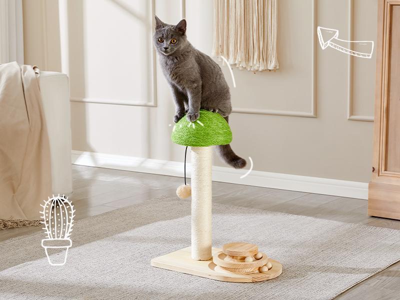 HKM-971795 Interactive Wooden Cat Scratching Post with Sisal Rope and Track Ball, 20" Scratch Pad