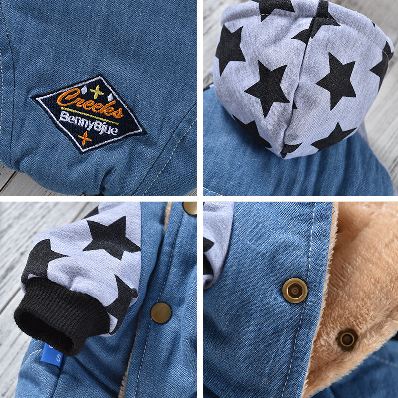 HKM-148563 Denim Jacket for Dogs - Star Washed with Double-Sided Flannel, Available in Yellow and Grey, Sizes XS-2L