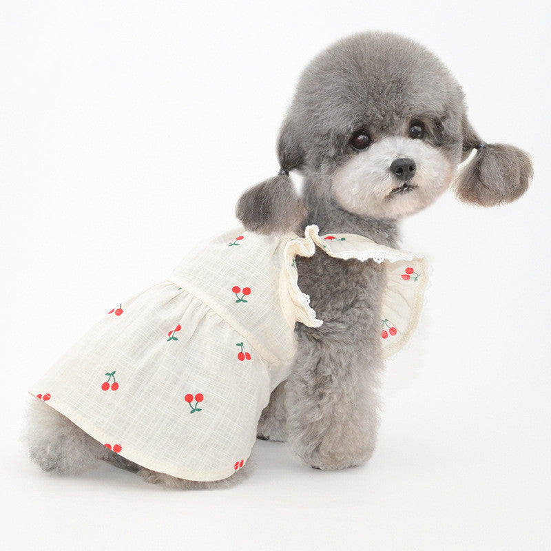 HKM-379731 Cherry Flying Sleeve Skirt for Dogs and Cats - Soft, Comfortable Pet Clothing in Various Sizes