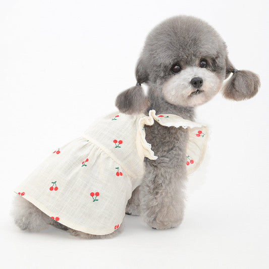 HKM-379731 Cherry Flying Sleeve Skirt for Dogs and Cats - Soft, Comfortable Pet Clothing in Various Sizes