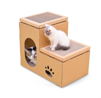 HKM-903955 Cat House with Dual Ladder, Grinding Disc, and Catnip Toy - Ventilated, All-Season Design, DIY Assembly