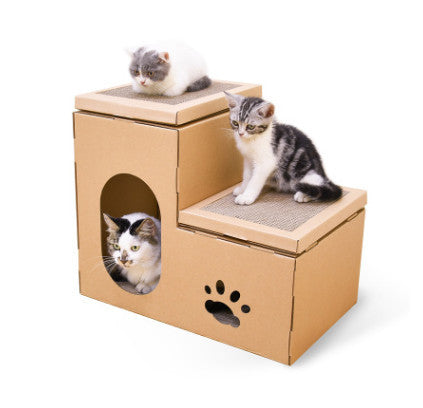 HKM-903955 Cat House with Dual Ladder, Grinding Disc, and Catnip Toy - Ventilated, All-Season Design, DIY Assembly