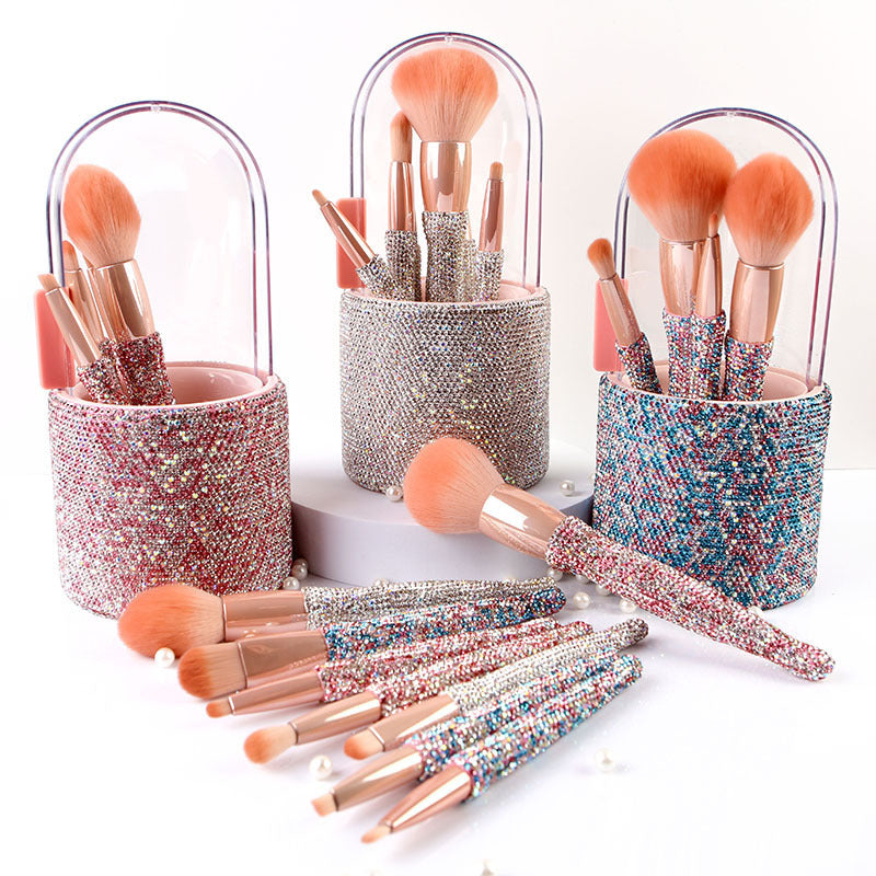 HKM-691603 Diamond-Encrusted 8-Piece Makeup Brush Set in White, Blue, and Pink Rhinestone Options
