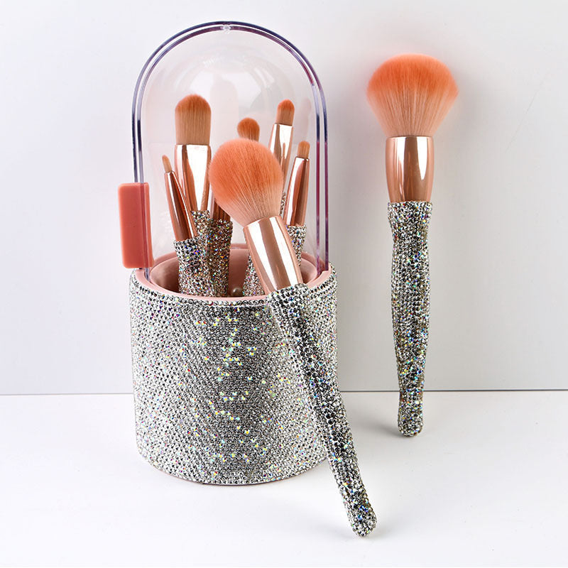 HKM-691603 Diamond-Encrusted 8-Piece Makeup Brush Set in White, Blue, and Pink Rhinestone Options