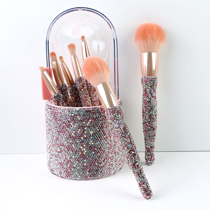 HKM-691603 Diamond-Encrusted 8-Piece Makeup Brush Set in White, Blue, and Pink Rhinestone Options