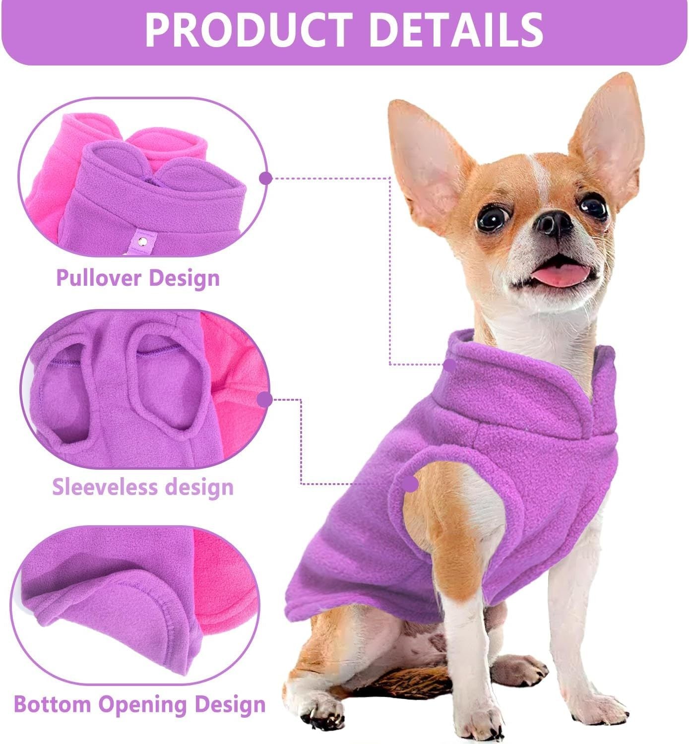 HKM-737235 Warm Fleece Dog Sweater with D-Ring Leash Attachment - 2-Pack Pullover for Small Dogs in Pink & Purple or Blue & Green