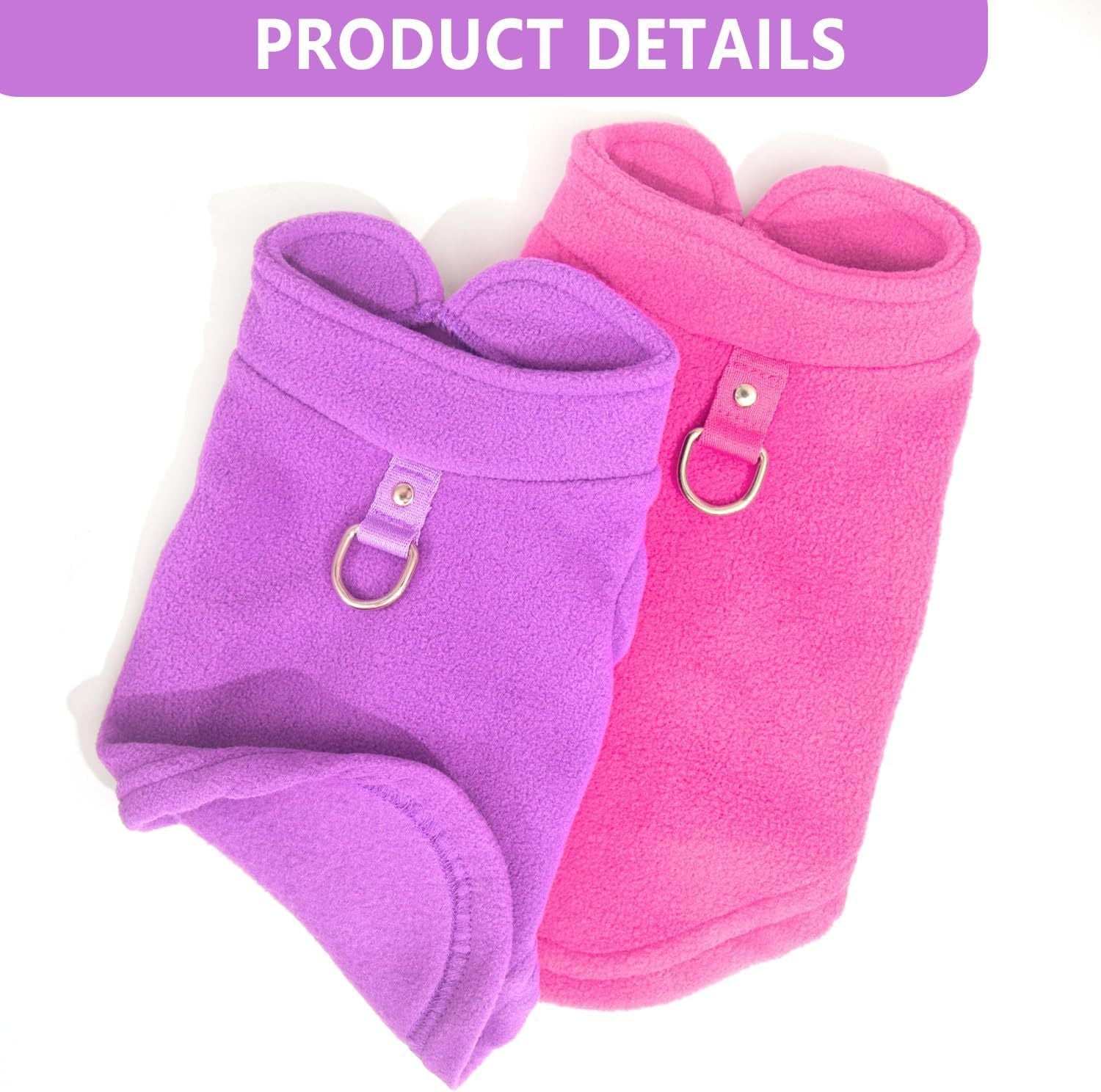 HKM-737235 Warm Fleece Dog Sweater with D-Ring Leash Attachment - 2-Pack Pullover for Small Dogs in Pink & Purple or Blue & Green