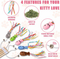 HKM-939219 Interactive Cat Wand with Catnip Fish, Colorful Ribbons, and Bells – Engaging Toy for Indoor Cats and Kittens
