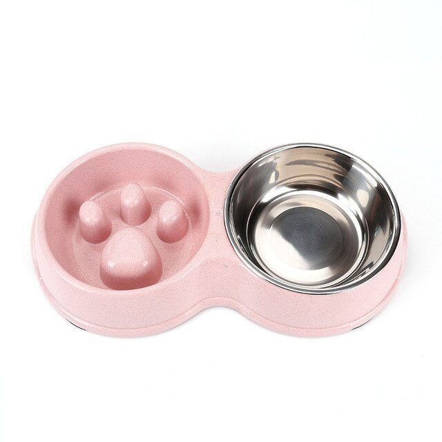 HKM-439443 Stainless Steel Double Bowl Pet Feeder with Non-Slip Base in Pink, Blue, Green, and White