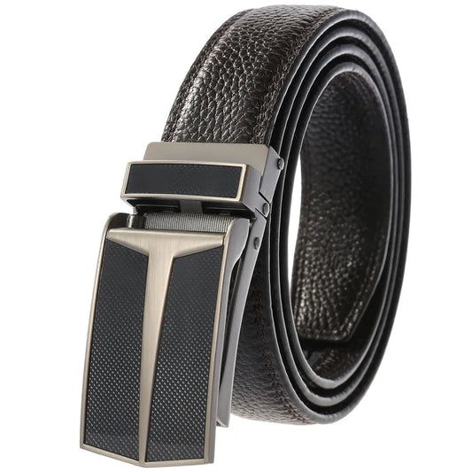 HKM-528403 Men's Automatic Buckle Leather Belt with Simple Alloy Design