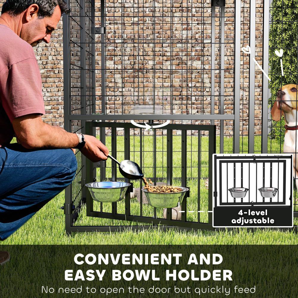 HKM-400083 Welded Wire Outdoor Dog Kennel with Adjustable Feeding System and Waterproof Cover, 4.6 ft x 4.6 ft x 5 ft