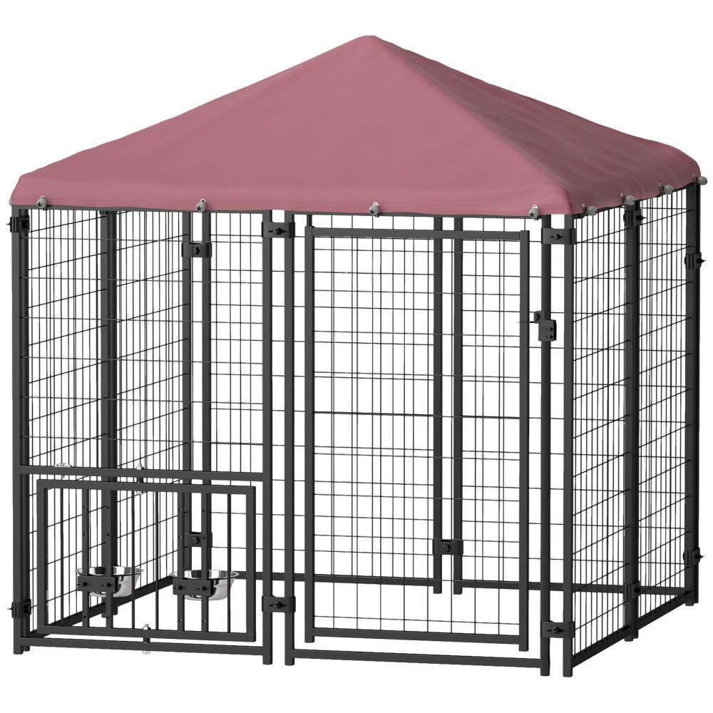 HKM-400083 Welded Wire Outdoor Dog Kennel with Adjustable Feeding System and Waterproof Cover, 4.6 ft x 4.6 ft x 5 ft