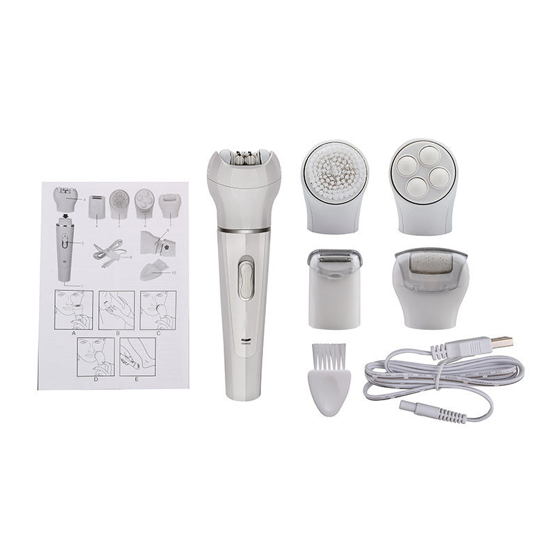 HKM-137875 5-in-1 Multi-Functional Portable Face and Body Electric Massager and Skin Care Scrubber with Latex Brush Heads