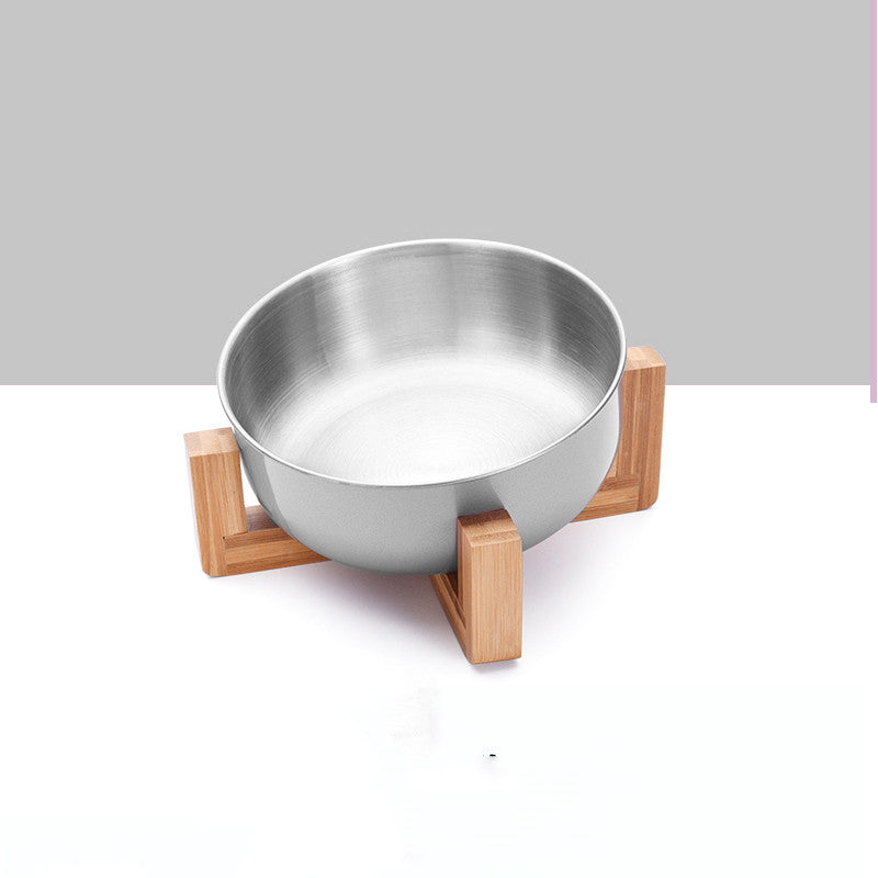 HKM-076691 Adjustable Stainless Steel Pet Bowl with Bamboo Base for Cats and Dogs